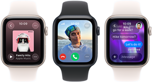 Three Apple Watch SE 3 devices next to each other, one showing the Apple Music app, one showing an incoming phone call, and one showing an iMessage exchange