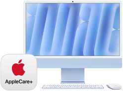 AppleCare+ badge, with front-facing iMac and matching Magic Keyboard and Magic Mouse accessories