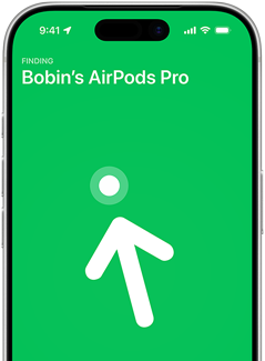 iPhone 17 Pro, Find My with Precision Finding screen, text: Matias's AirPods Pro