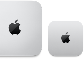 Top view of 2024 silver Mac mini with Apple logo next to 2023 silver Mac mini with Apple logo to demonstrate difference in size